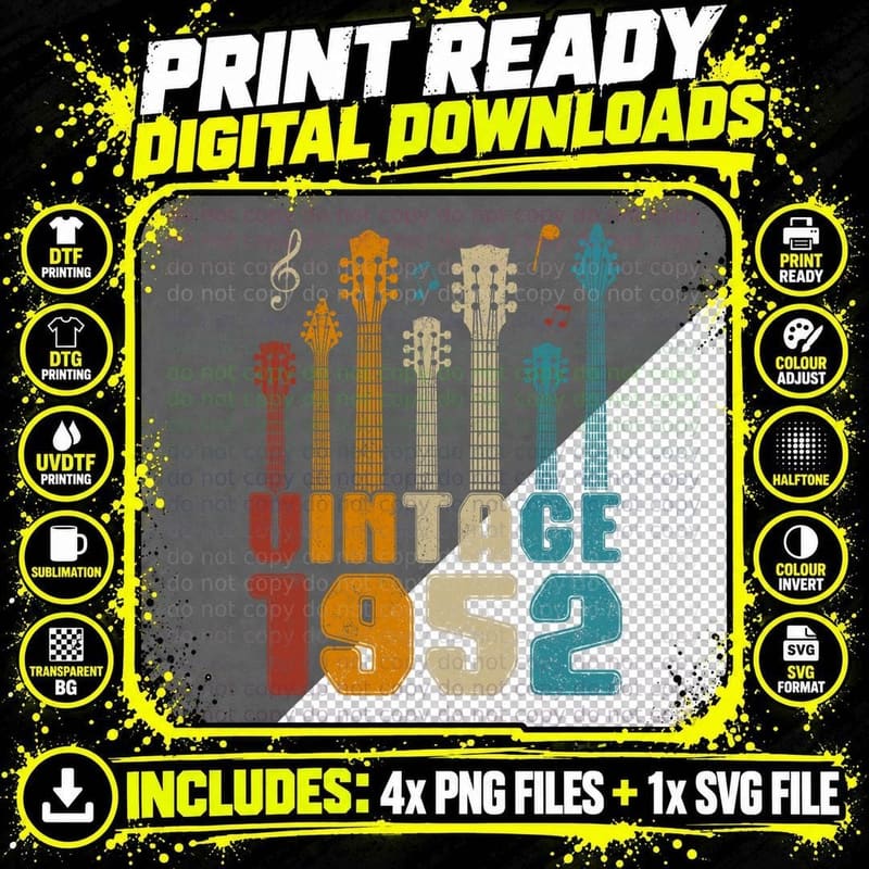 Retro Vintage 1952 Birthday Party Guitarist T-Shirt Png SVG Digital Bundle