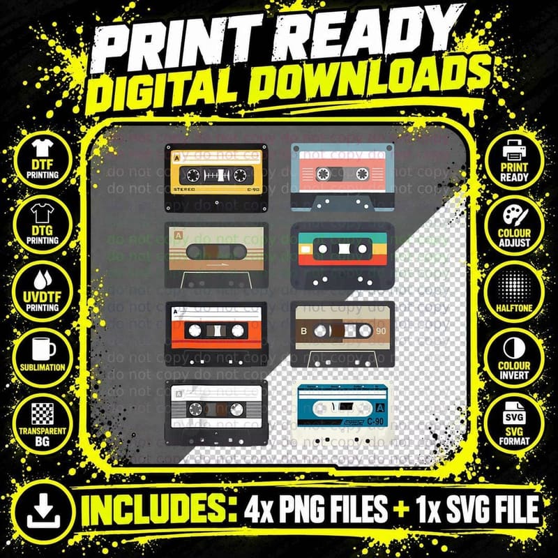 Retro Vintage 80's Cassette Tapes, Nostalgic Classic Png SVG Digital Bundle