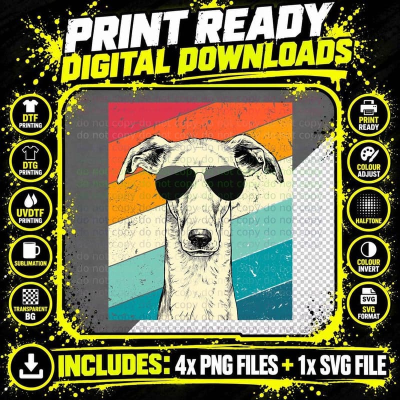 Retro Vintage Greyhound with Sunglasses T-Shirt Png SVG Digital Bundle