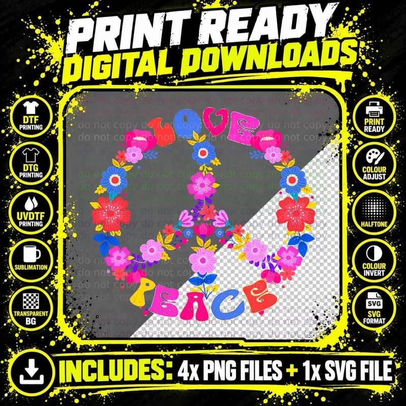 Retro Vintage Peace Shirt Love 60's 70's Hippie Inspired Png SVG Digital Bundle