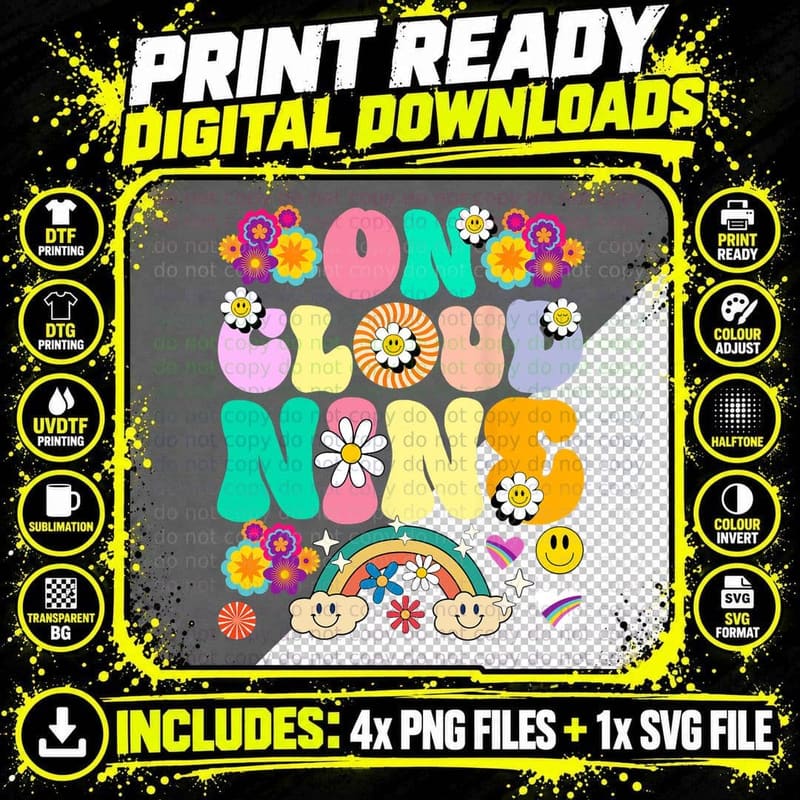 Retro on Cloud Nine Flower Happy Birthday T-Shirt Png SVG Digital Bundle