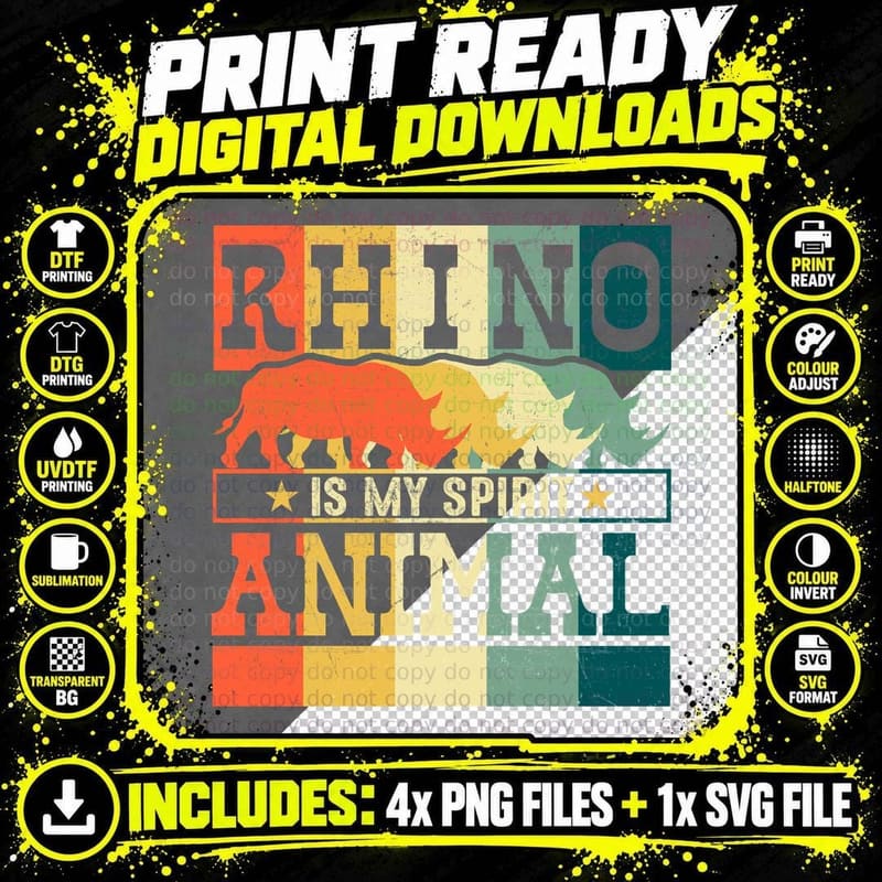 Rhino Spirit Animal T-Shirt, Vintage Retro Style Png SVG Digital Bundle