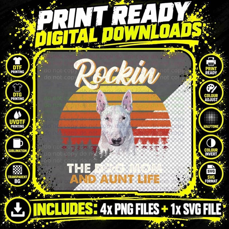 Rockin' Bull Terrier T-Shirt, Retro Sunset Style Png SVG Digital Bundle