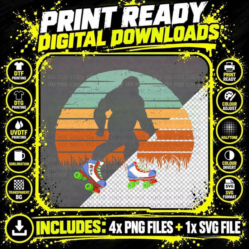 Roller Disco Big Foot Sasquatch Yeti Vintage Skating Png SVG Digital Bundle