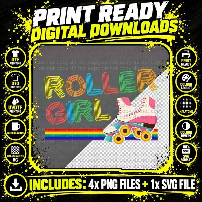 Roller Girl Vintage Seventies 70's Cool Retro Skates Png SVG Digital Bundle