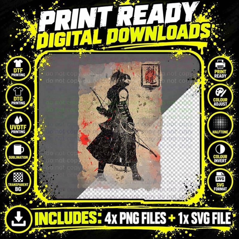 Samurai T-Shirt Japanese Retro Art Print T-Shirt Bushido Png SVG Digital Bundle