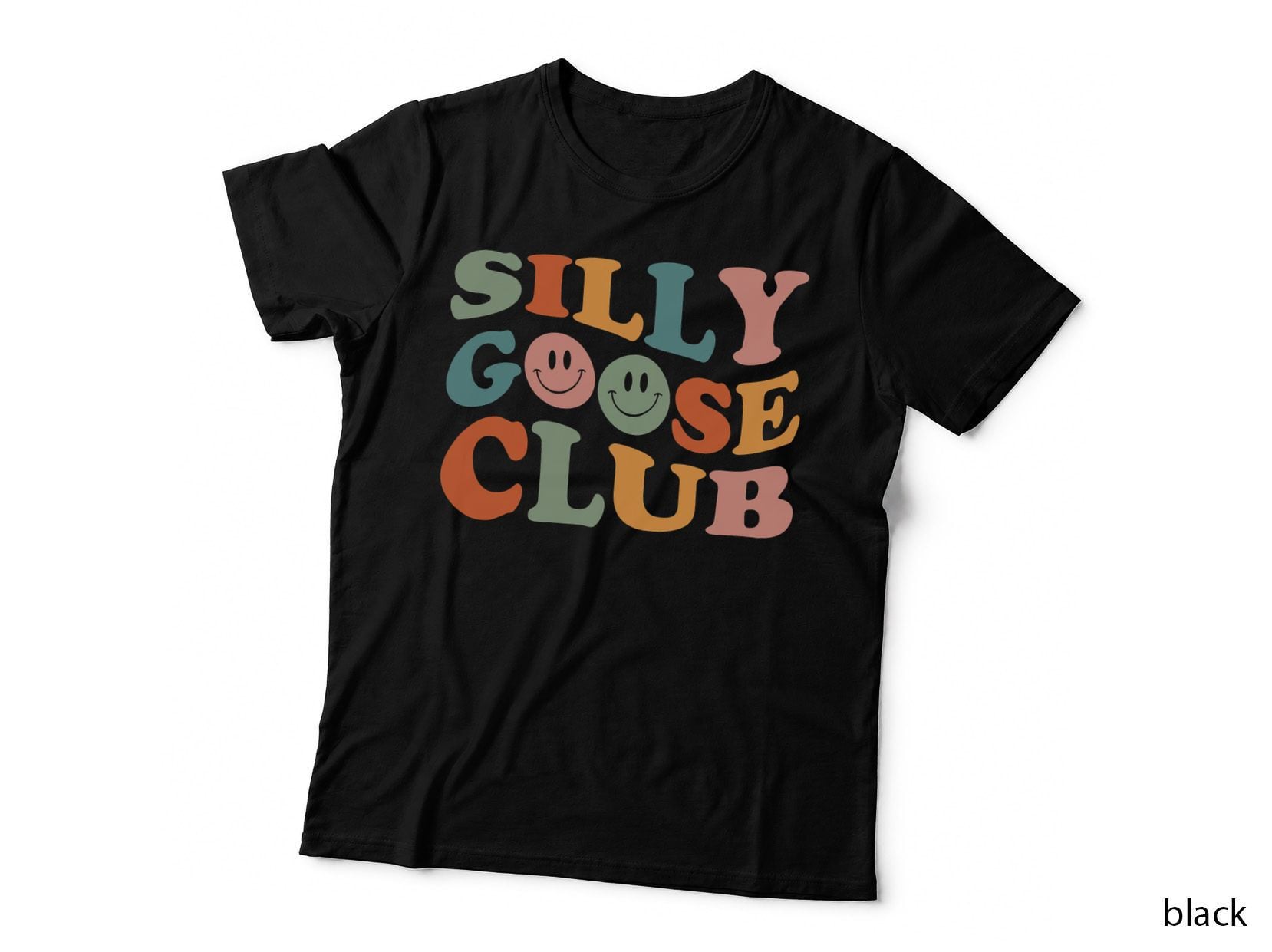 Silly Goose Club T-Shirt, Retro Smiley Face Letters, Groovy Pastel Top