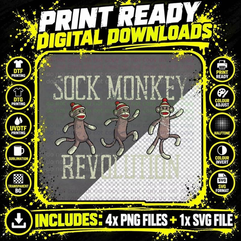 Sock Monkey Revolution Vintage Distressed T-Shirt Png SVG Digital Bundle