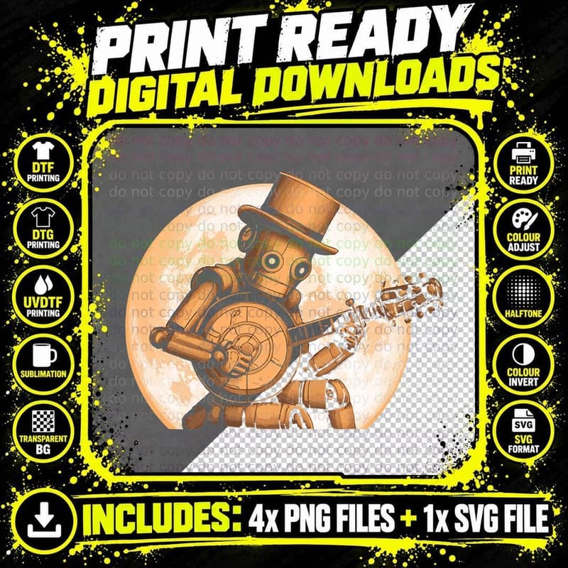 Steampunk Retro Future Banjo-Bot Vintage Robot & Banjo Png SVG Digital Bundle