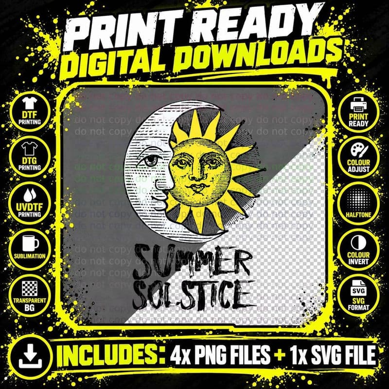 Summer Solstice Shirt Midsummer Vintage Moon & Sun Png SVG Digital Bundle