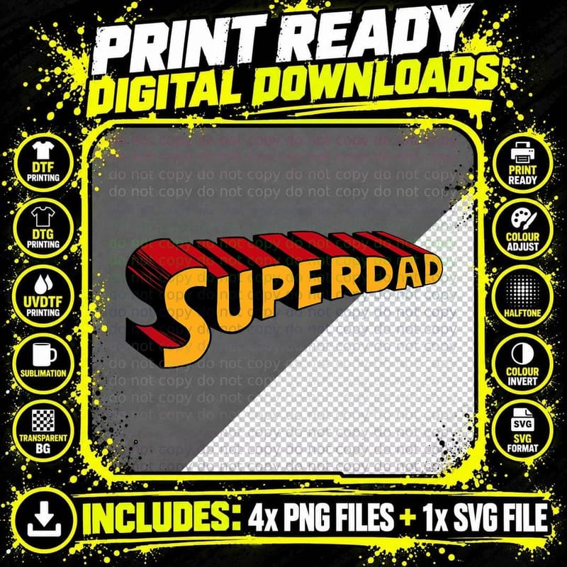 Superdad Comic Book Logo, Retro Red Yellow Superhero Png SVG Digital Bundle