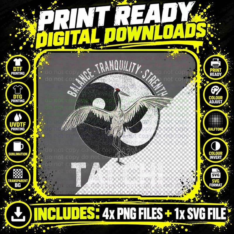 Tai Chi Yin Yang Crane Chinese Martial Arts Retro Png SVG Digital Bundle