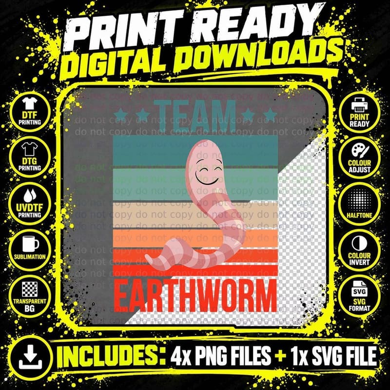 Team Earthworm Retro Sunset Tee, Smiling Pink Worm Png SVG Digital Bundle
