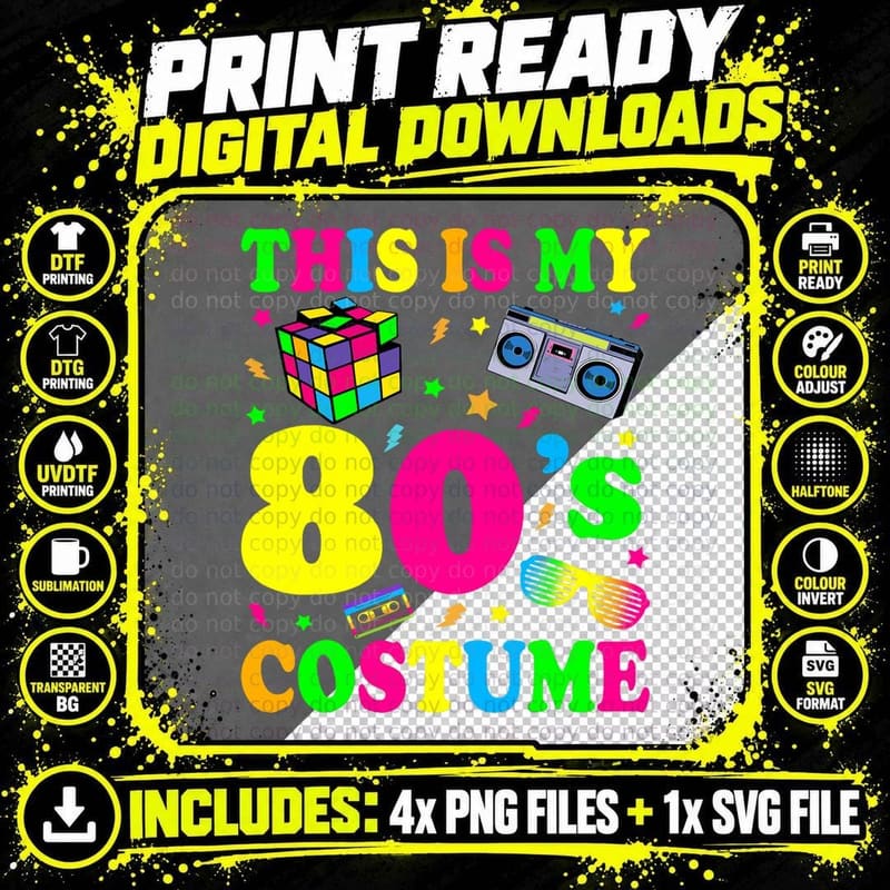 This Is My 80's Costume Outfit Gifts Eighties Retro Png SVG Digital Bundle