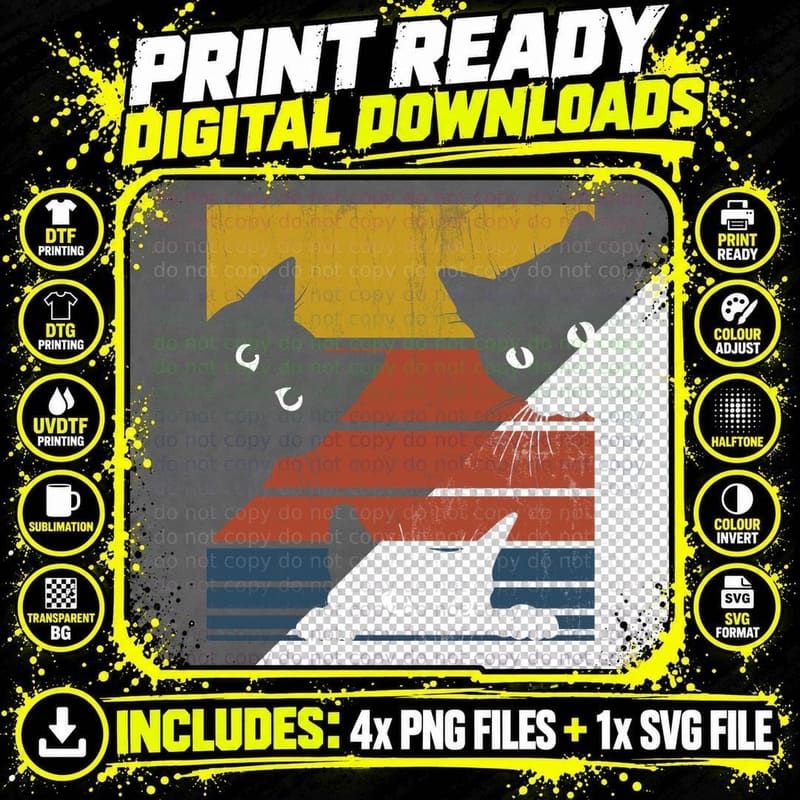 Three Cats Retro T-Shirt, Vintage Style Png SVG Digital Bundle