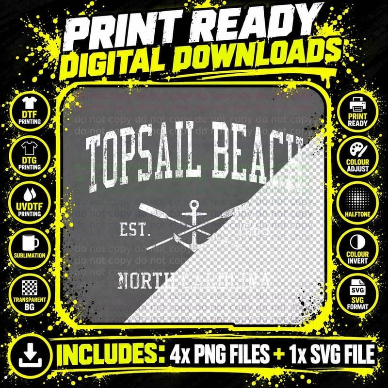 Topsail Beach NC Vintage Crossed Oars & Boat Anchor Png SVG Digital Bundle