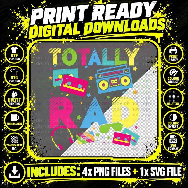 Totally Rad 80s Vintage Disco Clothing Women Girls Men Png SVG Digital Bundle