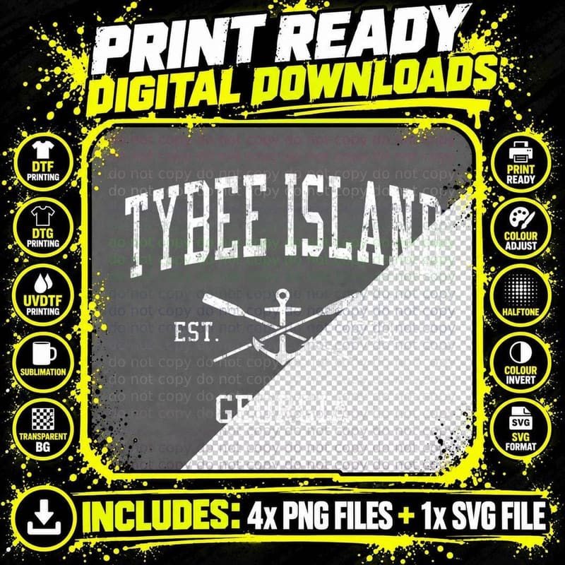 Tybee Island GA Vintage Crossed Oars & Boat Anchor Png SVG Digital Bundle