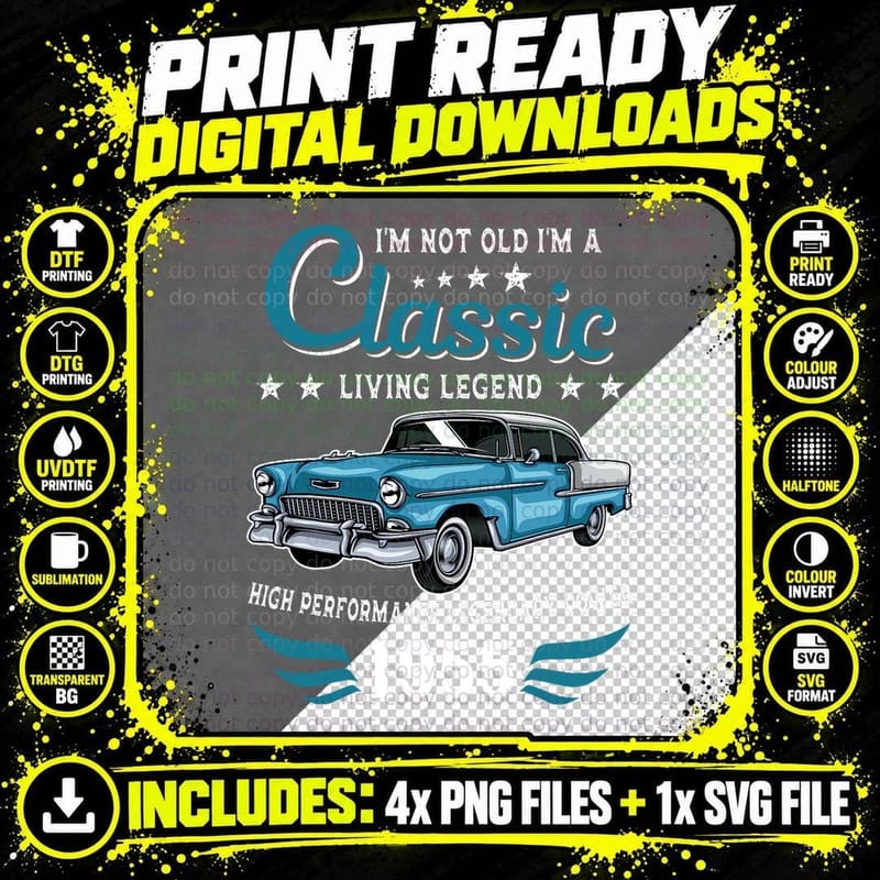 Vintage 1955 Birthday Car for Legends Born in 1955 Png SVG Digital Bundle