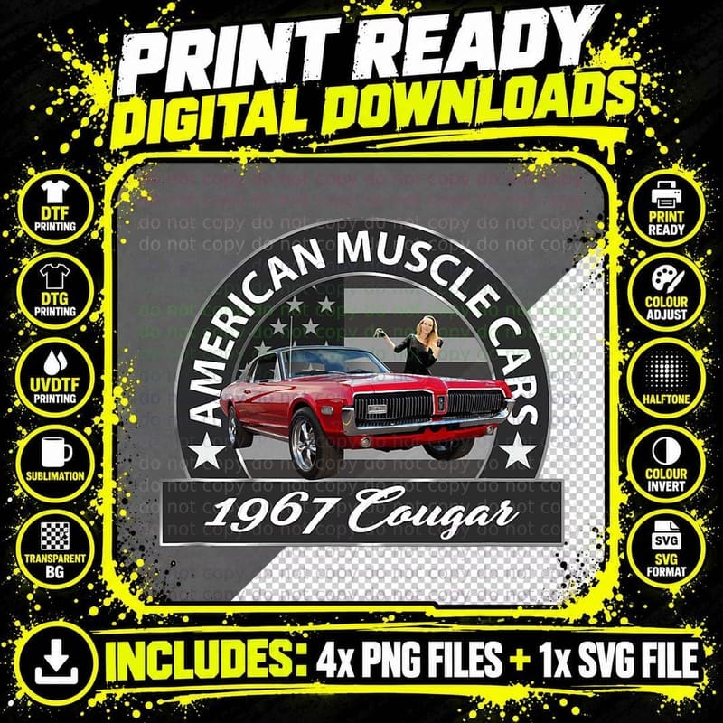 Vintage 1967 Cougar, American Muscle CARS, CAR Png SVG Digital Bundle