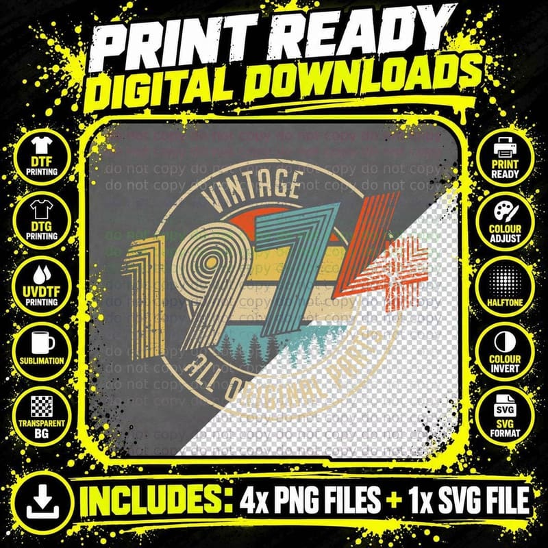 Vintage 1974 All Original Parts Birthday Gifts T-Shirt Png SVG Digital Bundle