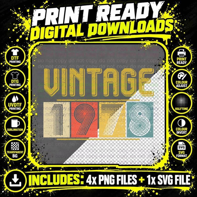 Vintage 1978 T-Shirt, Retro 70s Style, 1970s Fashion Png SVG Digital Bundle