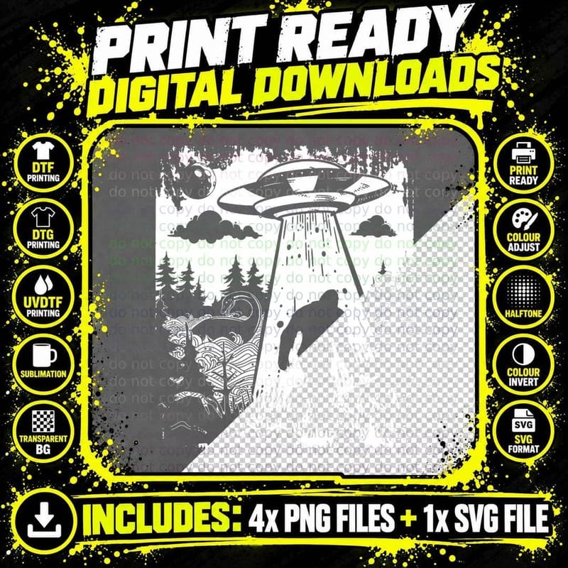 Vintage Alien with Bigfoot & Loch Ness Monster Png SVG Digital Bundle