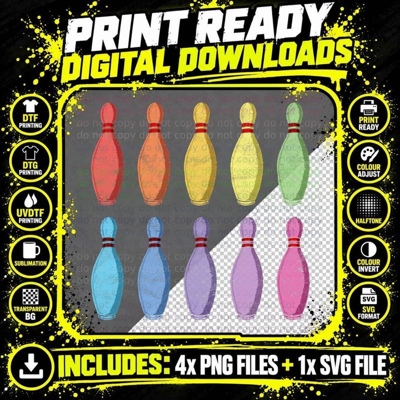 Vintage Bowling Pin Rainbow Pop Art 80's Retro Graphic Png SVG Digital Bundle