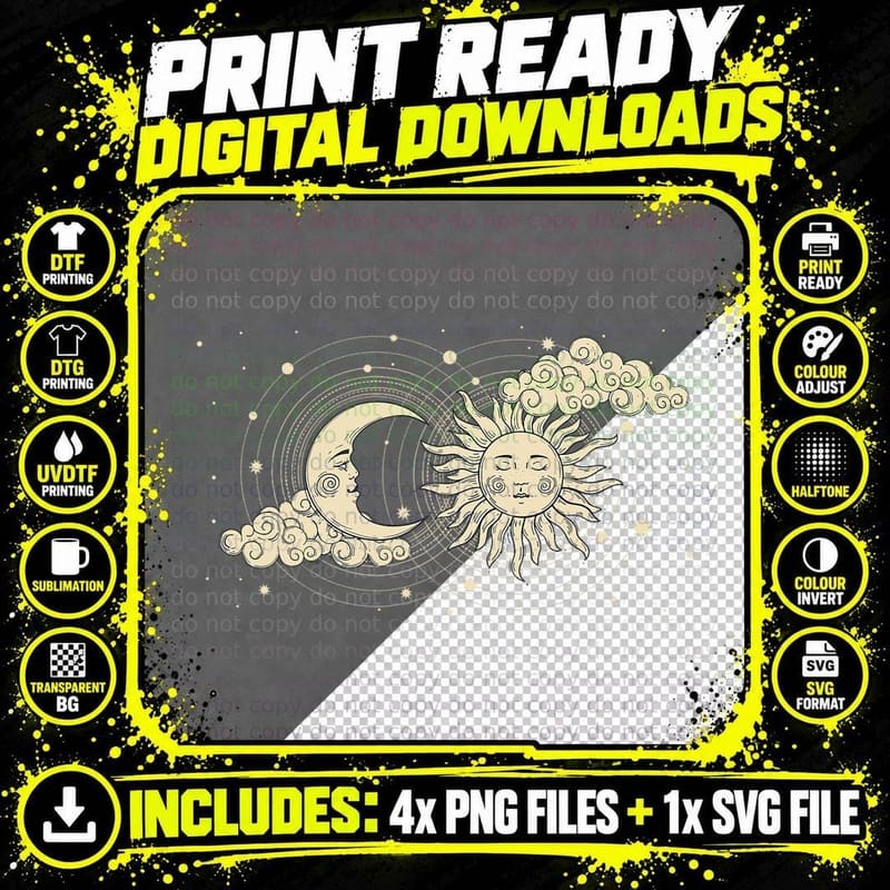 Vintage Celestial Sun and Moon Astrology Moon Phase Png SVG Digital Bundle