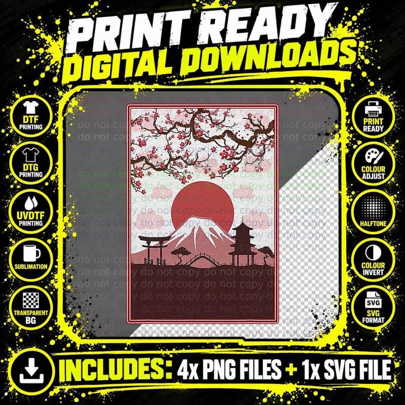Vintage Cherry Blossom Japanese Art Japan Woodblock Png SVG Digital Bundle