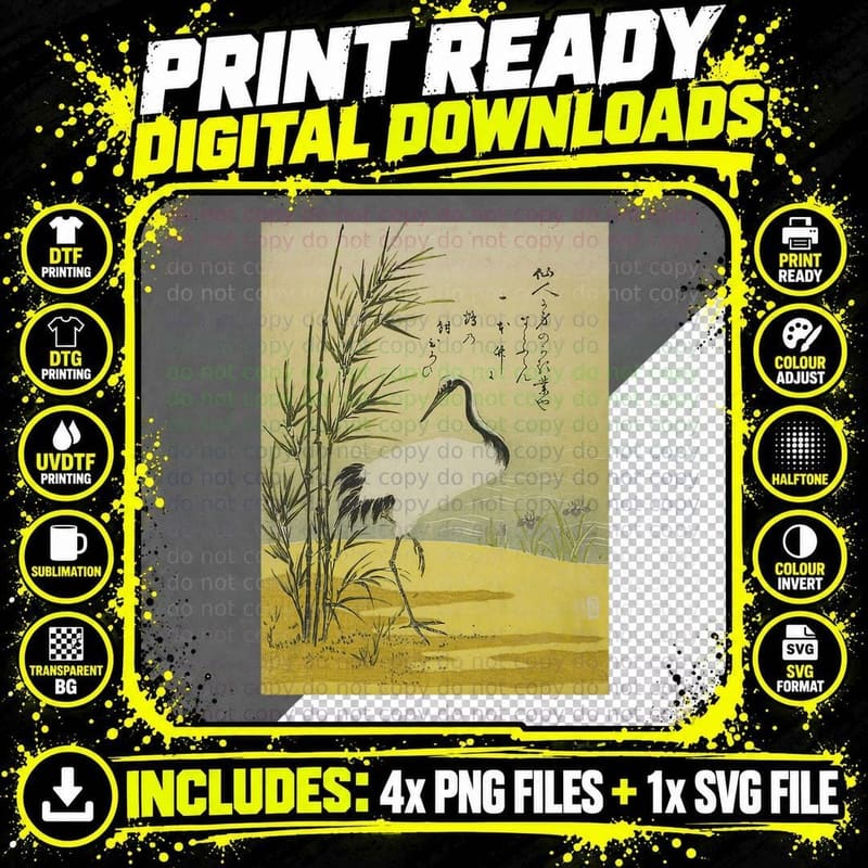 Vintage Japanese Fine Art Crane, Bamboo and Iris Png SVG Digital Bundle