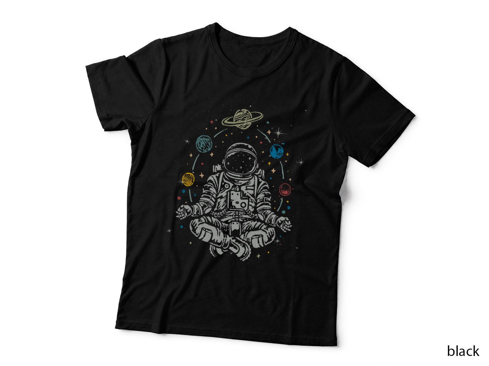 Vintage Lotus Meditating Astronaut Zen Yoga Planets Universe T-Shirt