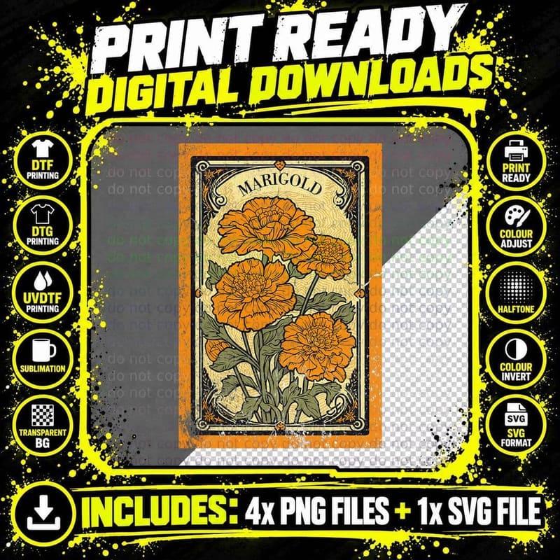 Vintage Marigold Flowers Tarot Card T-Shirt Png SVG Digital Bundle
