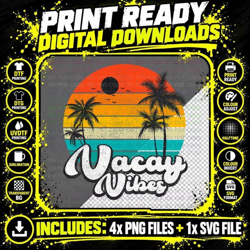 Vintage Palm Tree Sunset Beach Vacation Summer Vacay Png SVG Digital Bundle