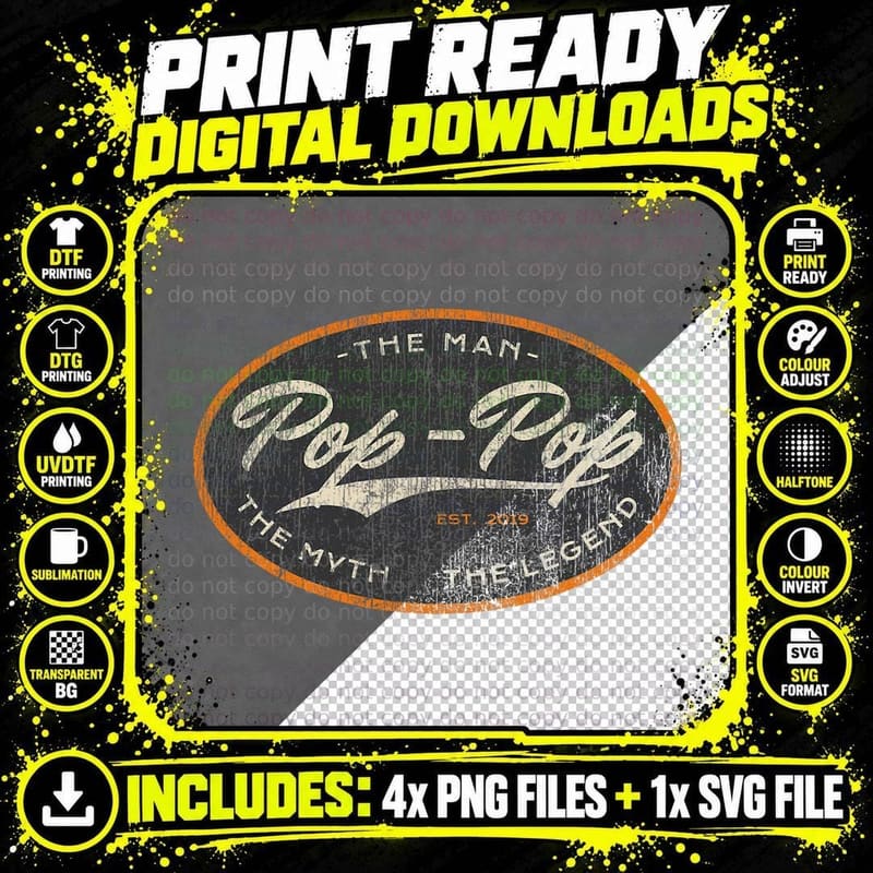 Vintage Pop Pop New Grandpa Est. 2019 the Man, Myth Png SVG Digital Bundle