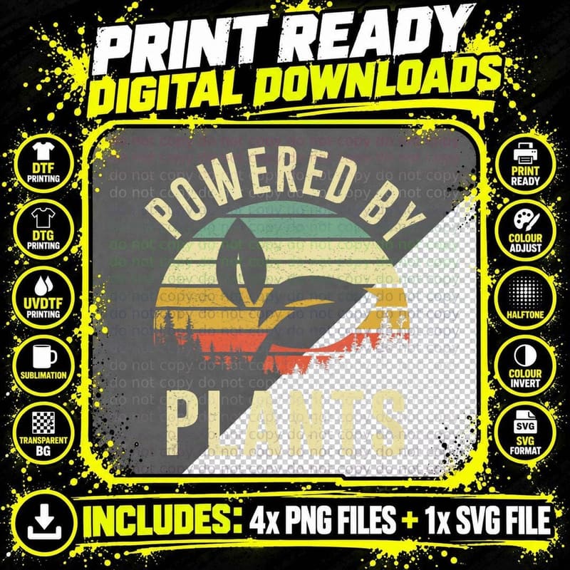 Vintage Powered Plants Vegetarian by Vegan Diet Graphic Png SVG Digital Bundle