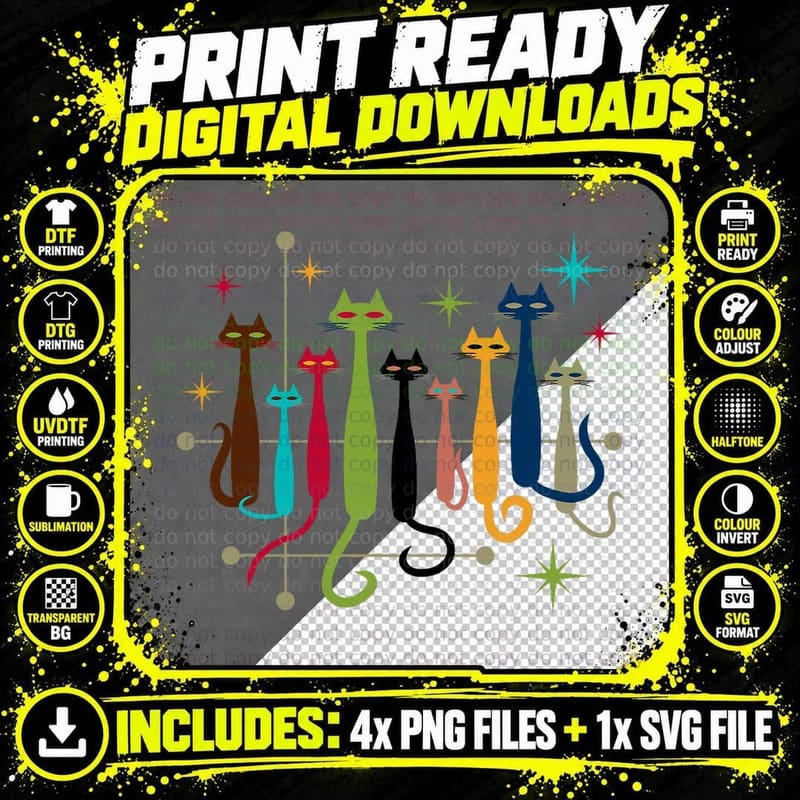 Vintage Retro Mid-Century Modern Look Cats 50s 60s Style Png SVG Digital Bundle