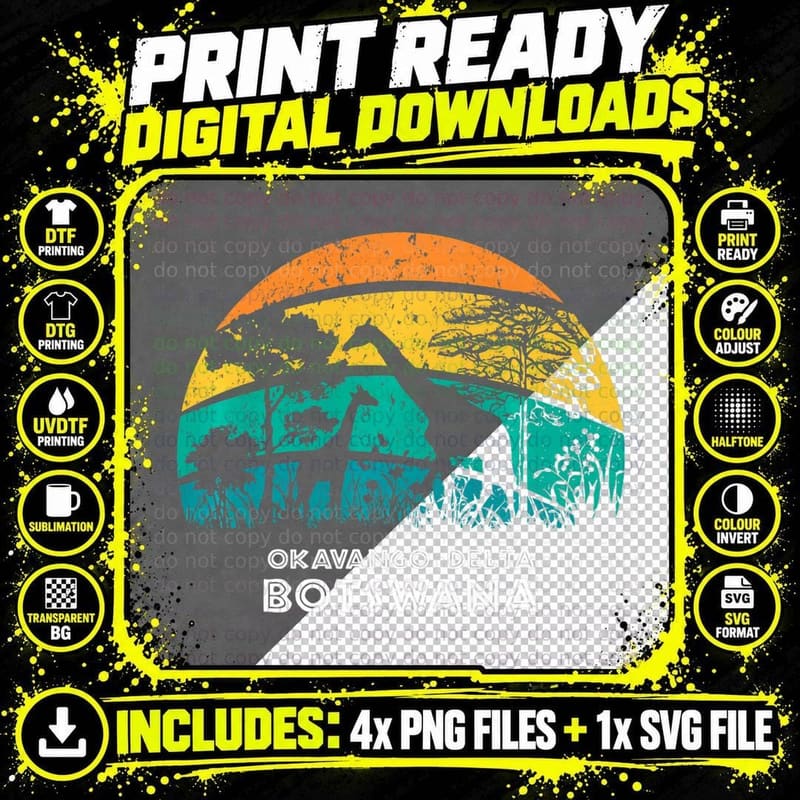 Vintage Retro Okavango Delta, Botswana Africa Safari Png SVG Digital Bundle