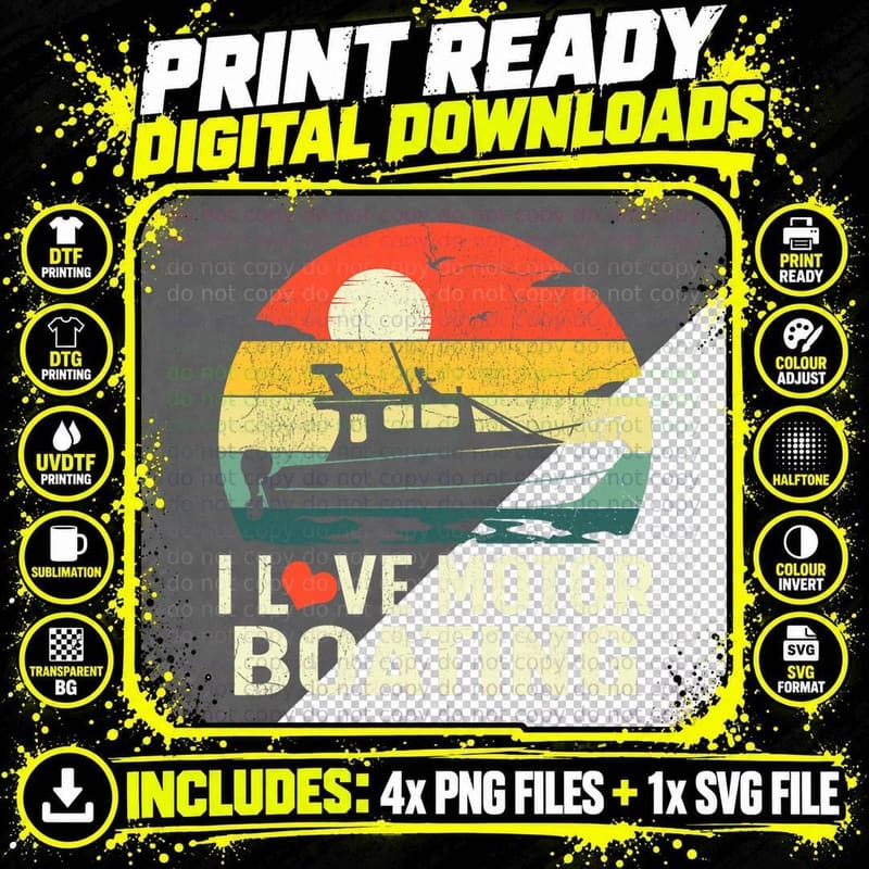 Vintage Retro Sunset Pontoon Boat I Love Motor Boating Png SVG Digital Bundle