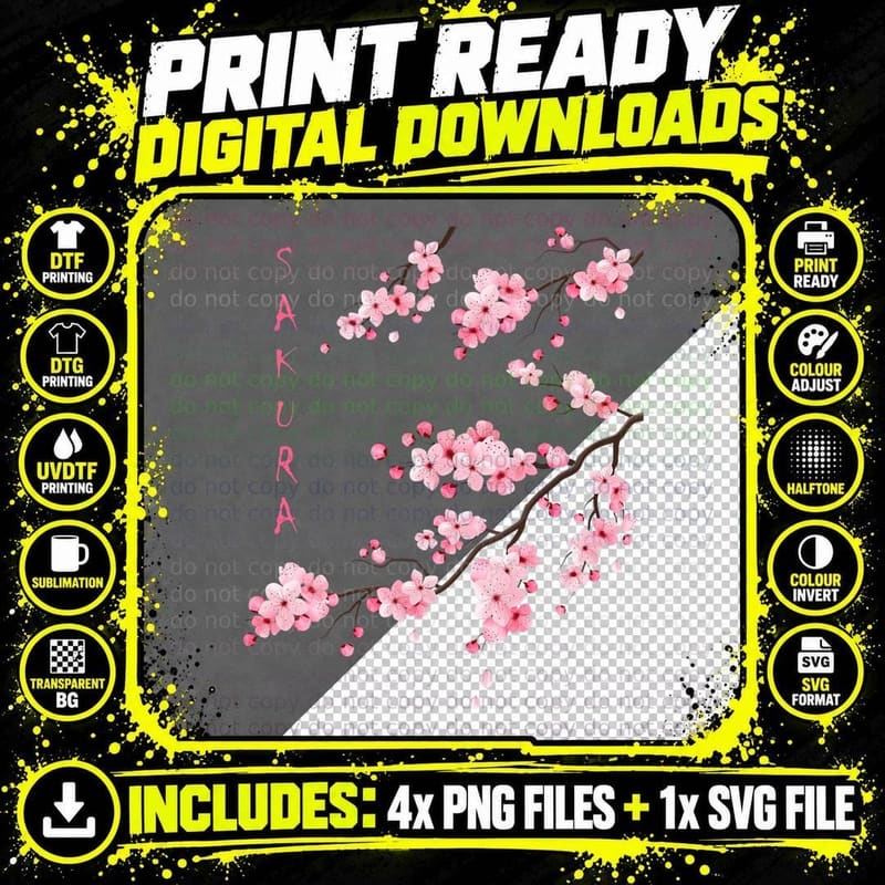 Vintage Sakura Cherry Blossom Japanese Graphical Art Png SVG Digital Bundle