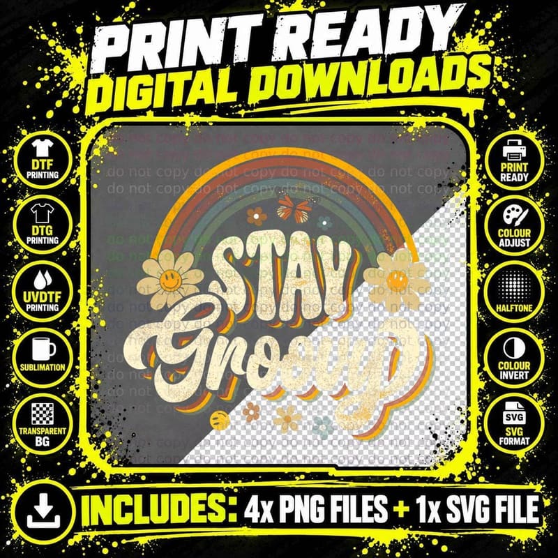 Vintage Stay a Groovy 60s 70s Peace Positive Mind Hippie Png SVG Digital Bundle