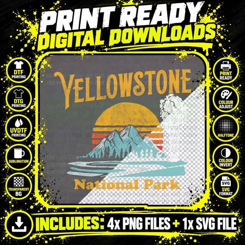 Vintage Yellowstone National Park Retro 80's Graphic Png SVG Digital Bundle