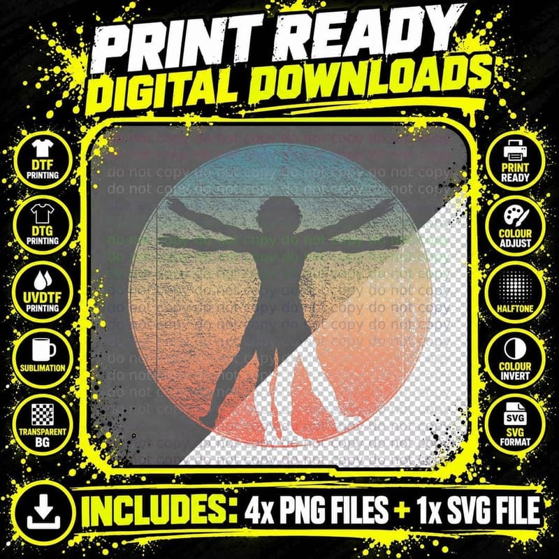 Vitruvian Man Vintage Sunset Retro Design T-Shirt Png SVG Digital Bundle