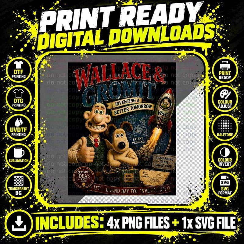 Wallace and Gromit Vintage Cartoon Nostalgia Halftone Png SVG Digital Bundle