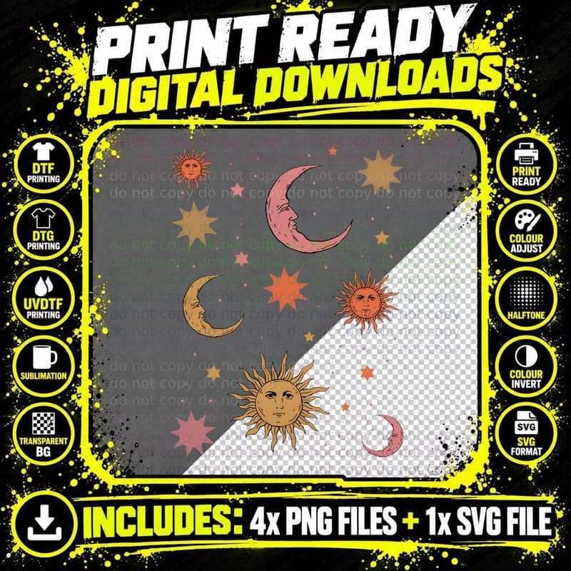 Whimsigoth Aesthetic Hippie Celestial Vintage Half Moon Png SVG Digital Bundle