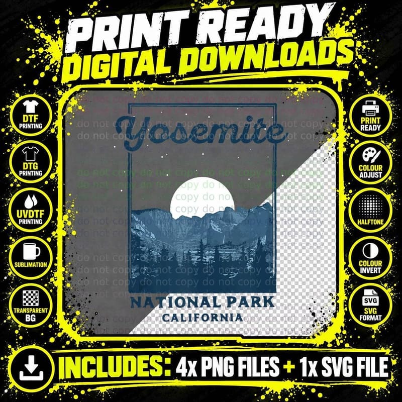 Yosemite National Park at Night Retro Moon & Stars Png SVG Digital Bundle