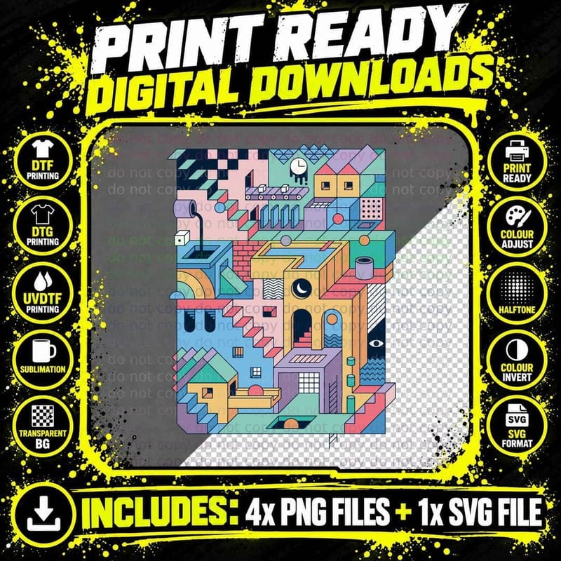 80S Escher-Style Impossible Architecture T-Shirt Png SVG Digital Bundle