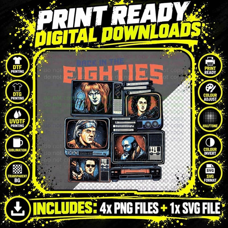 80s Retro Sci-Fi Characters T-Shirt, Trendy Nostalgia Png SVG Digital Bundle