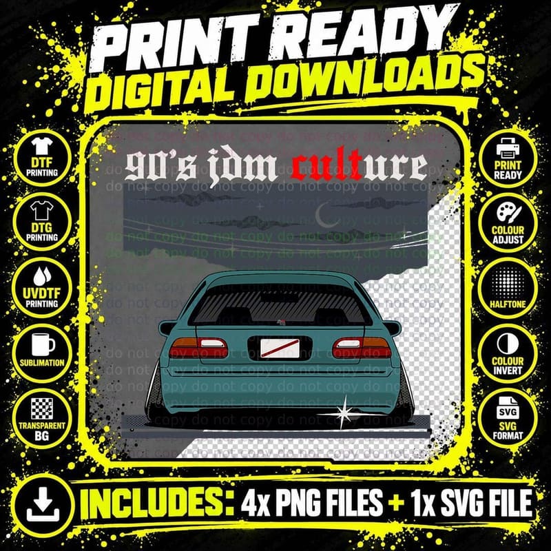 90s JDM HN EG JDM Culture Teal Car Graphic T-Shirt Png SVG Digital Bundle
