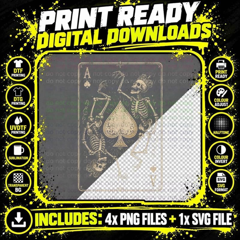 Ace of Spades Dancing Skeletons T-Shirt Poker Card Game Png SVG Digital Bundle